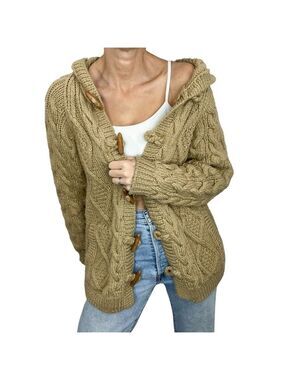 Ryan New York Korea chunky cable knit tan hooded fisherman cardigan sweater
